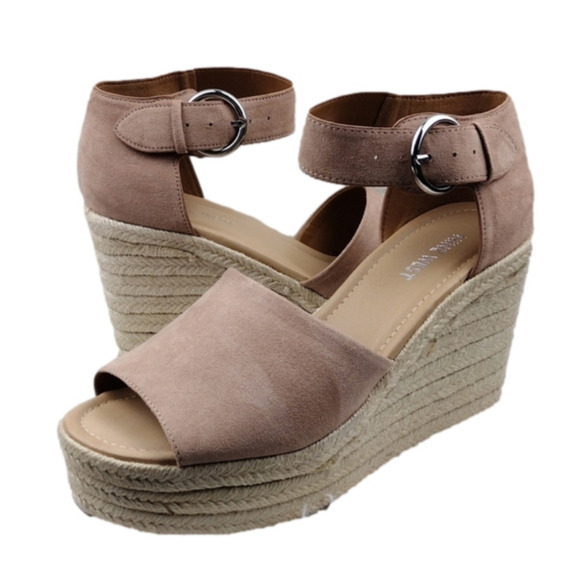 NINE West Adell Pink Faux Suede Open Toe Ankle Strap Platform Wedge Espadrilles - Picture 1 of 16